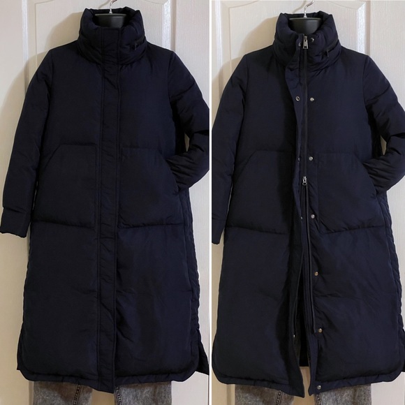 EUC PEACEBIRD midi length down puffer parka coat with hidden hood, navy blue - Picture 8 of 16